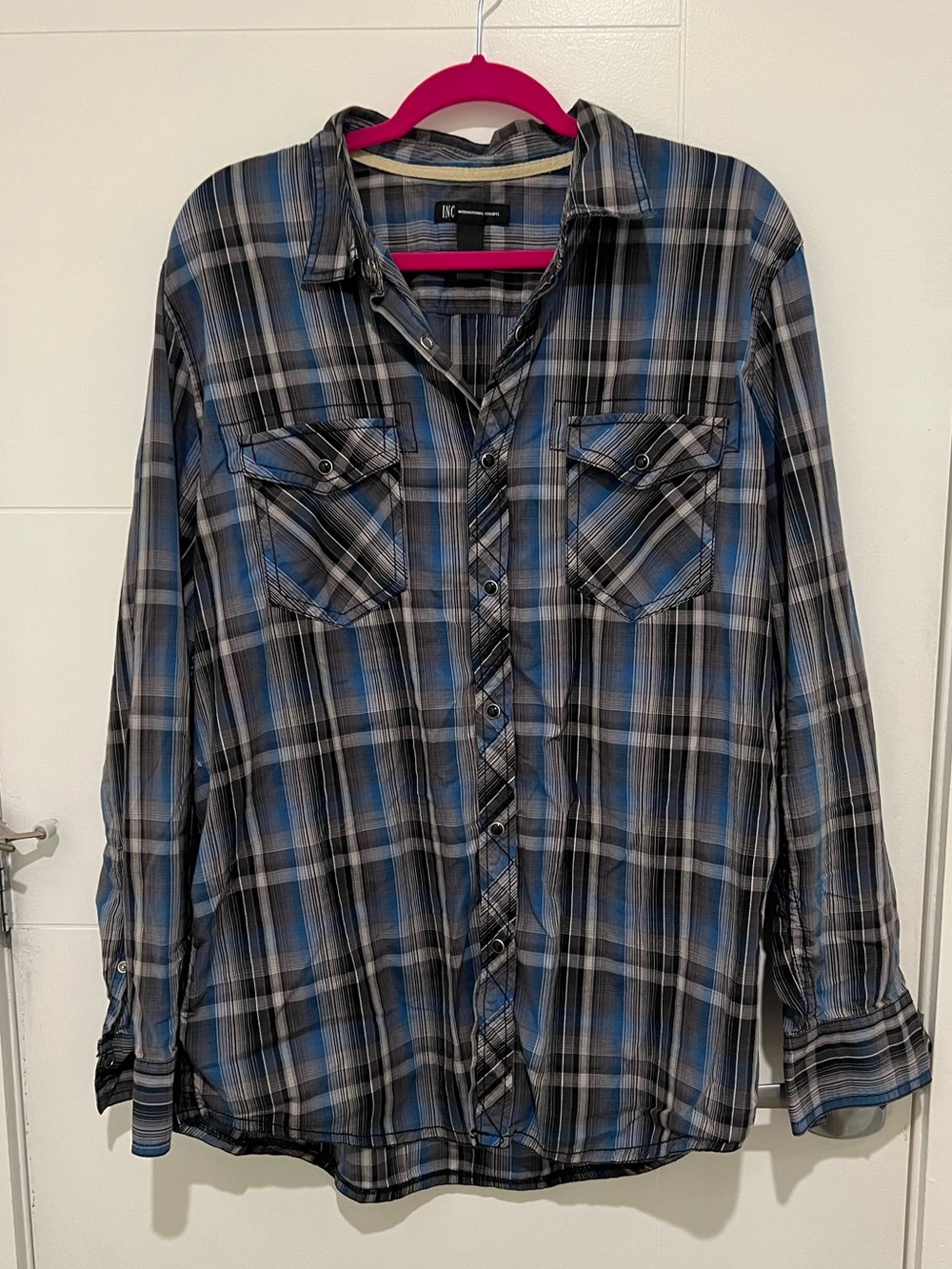 INC International Concepts Blue and Gray Plaid Button-Down Shirt